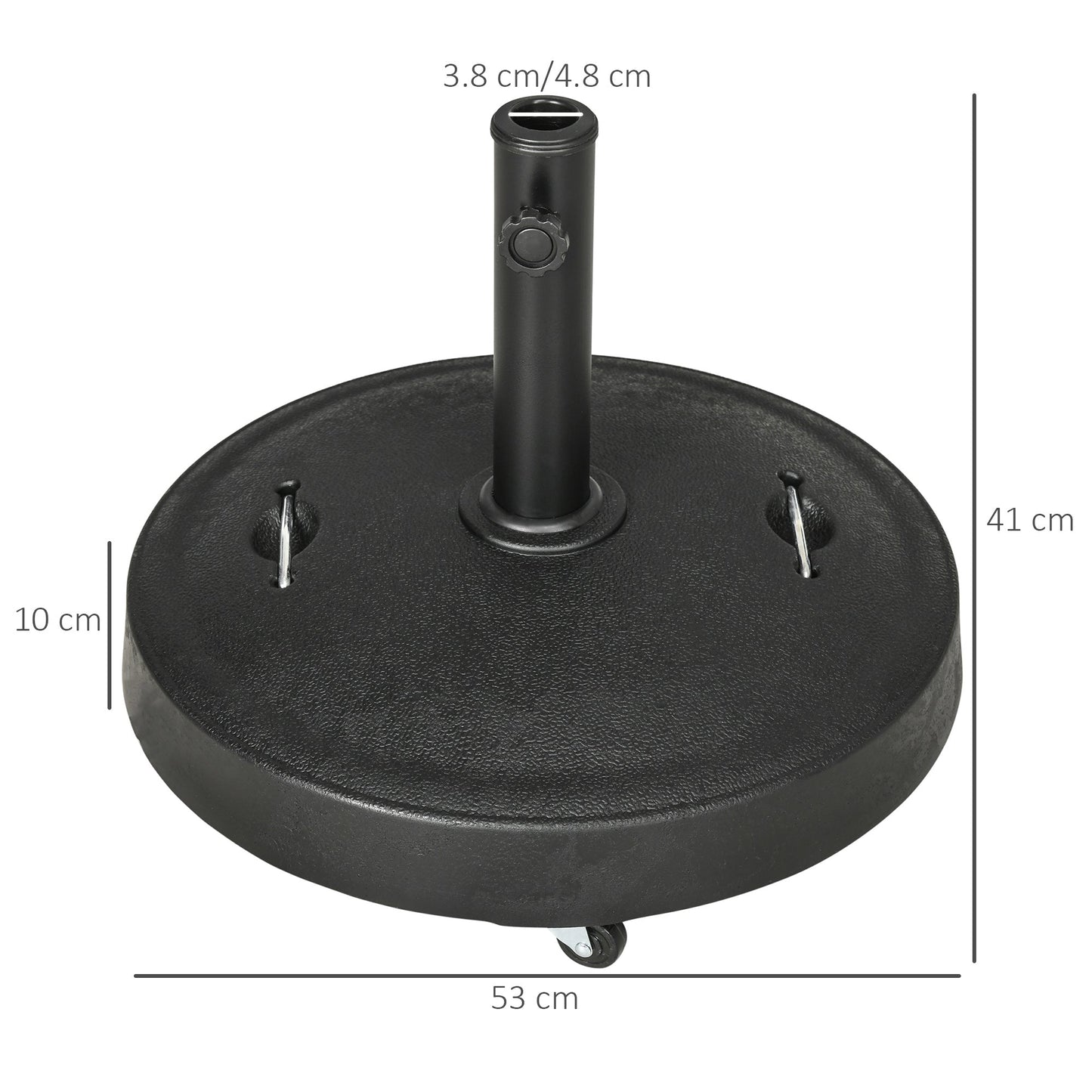 Outsunny 25kg Resin Garden Parasol Base with Wheels and Retractable Handles, Round Outdoor Market Umbrella Stand Weight for Poles of Î¦38mm to Î¦48mm, Black