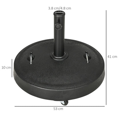 Outsunny 25kg Resin Garden Parasol Base with Wheels and Retractable Handles, Round Outdoor Market Umbrella Stand Weight for Poles of Î¦38mm to Î¦48mm, Black