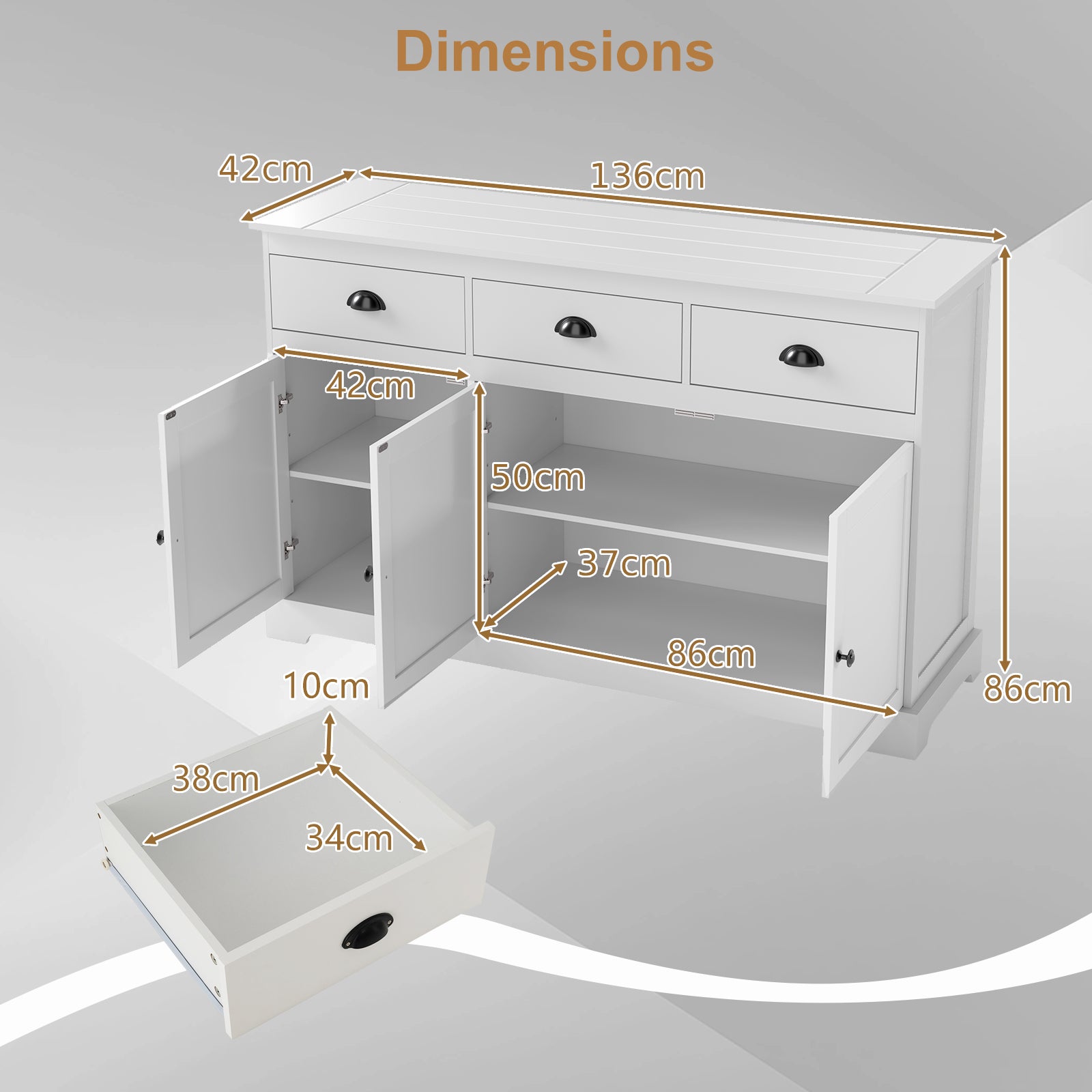 Modern Buffet Sideboard 136cm Storage Cabinet with 3 Drawers-White