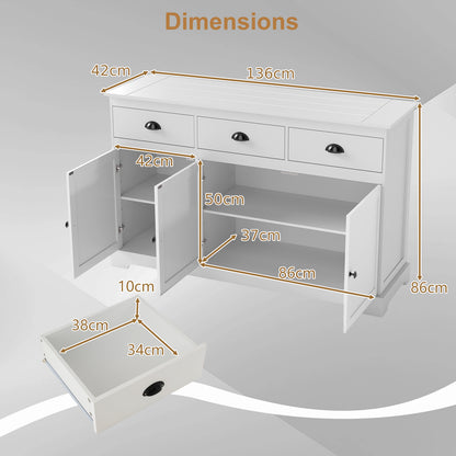 Modern Buffet Sideboard 136cm Storage Cabinet with 3 Drawers-White