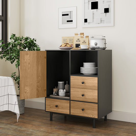 Buffet Sideboard Mid Century Modern Storage Cabinet with 4 Drawers-Black