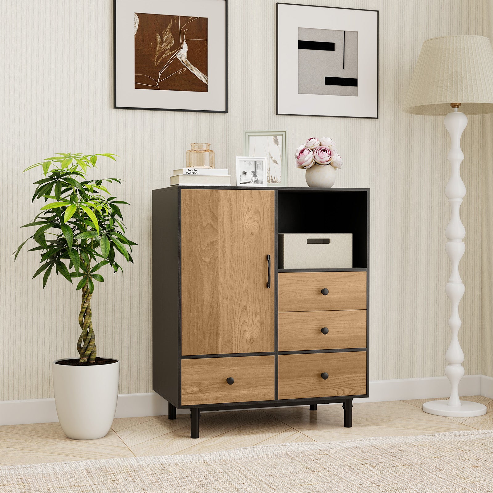 Buffet Sideboard Mid Century Modern Storage Cabinet with 4 Drawers-Black