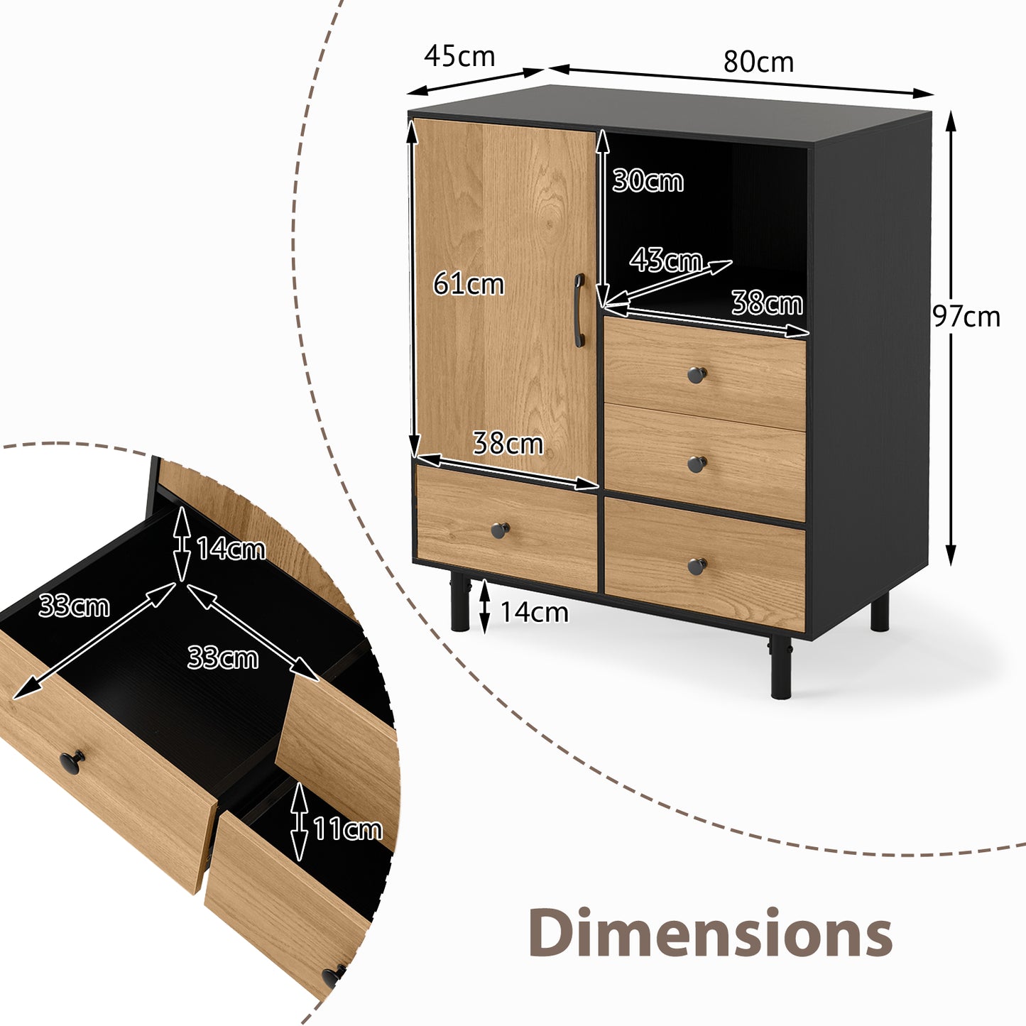 Buffet Sideboard Mid Century Modern Storage Cabinet with 4 Drawers-Black
