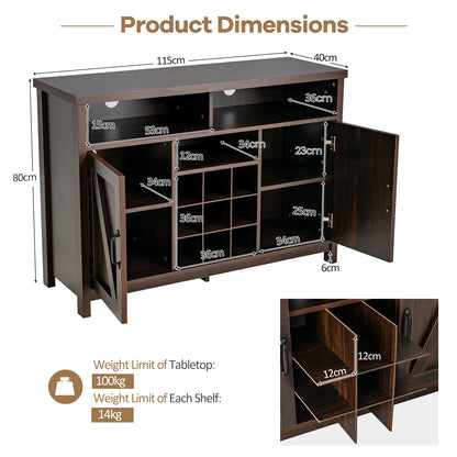 Buffet Storage Cabinet with Detachable 9-Bottle Wine Rack and 2 Door Cabinets-Dark Brown