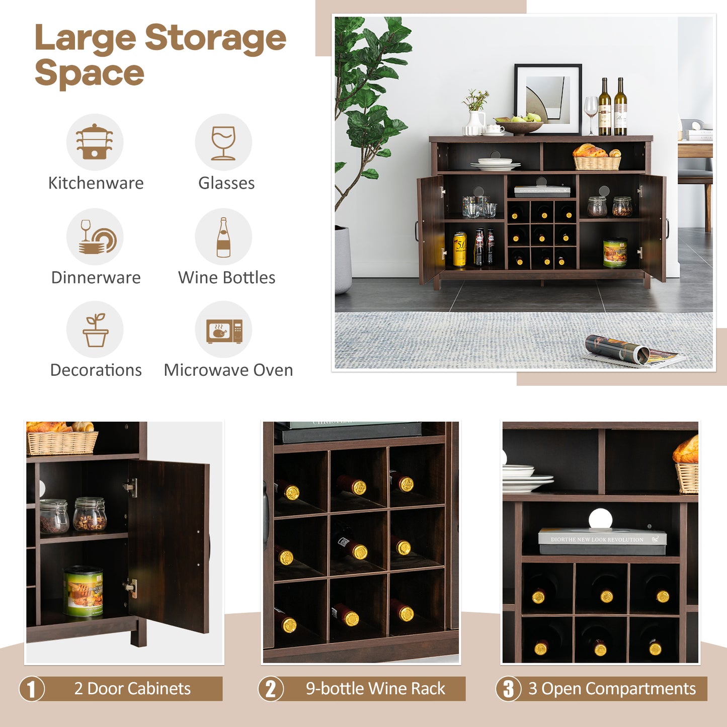 Buffet Storage Cabinet with Detachable 9-Bottle Wine Rack and 2 Door Cabinets-Dark Brown