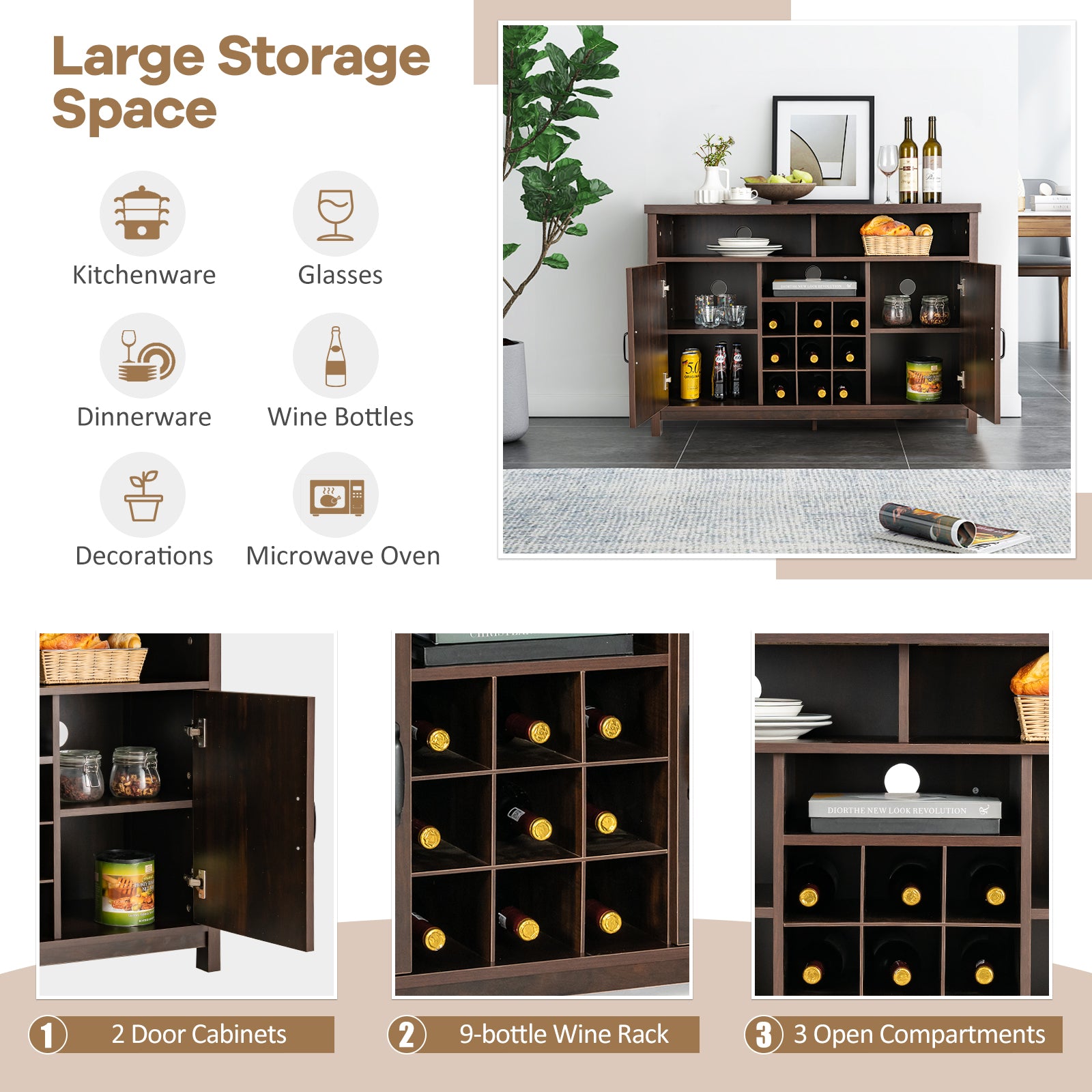 Buffet Storage Cabinet with Detachable 9-Bottle Wine Rack and 2 Door Cabinets-Dark Brown