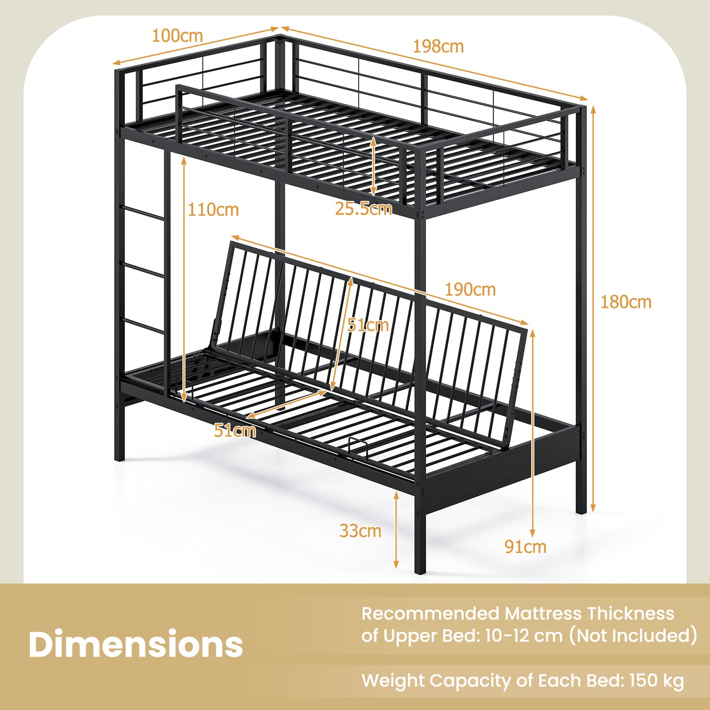Single Over Futon Bunk Bed with Ladder and Safety Guardrails-Black-Single Size