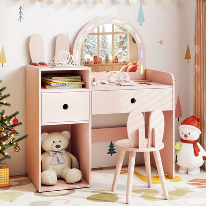 Bunny Kids Vanity Table and Chair Set with Lighted Mirror-Pink