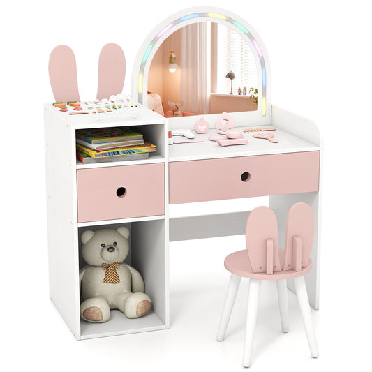 Bunny Kids Vanity Table and Chair Set with Lighted Mirror-Pink & White