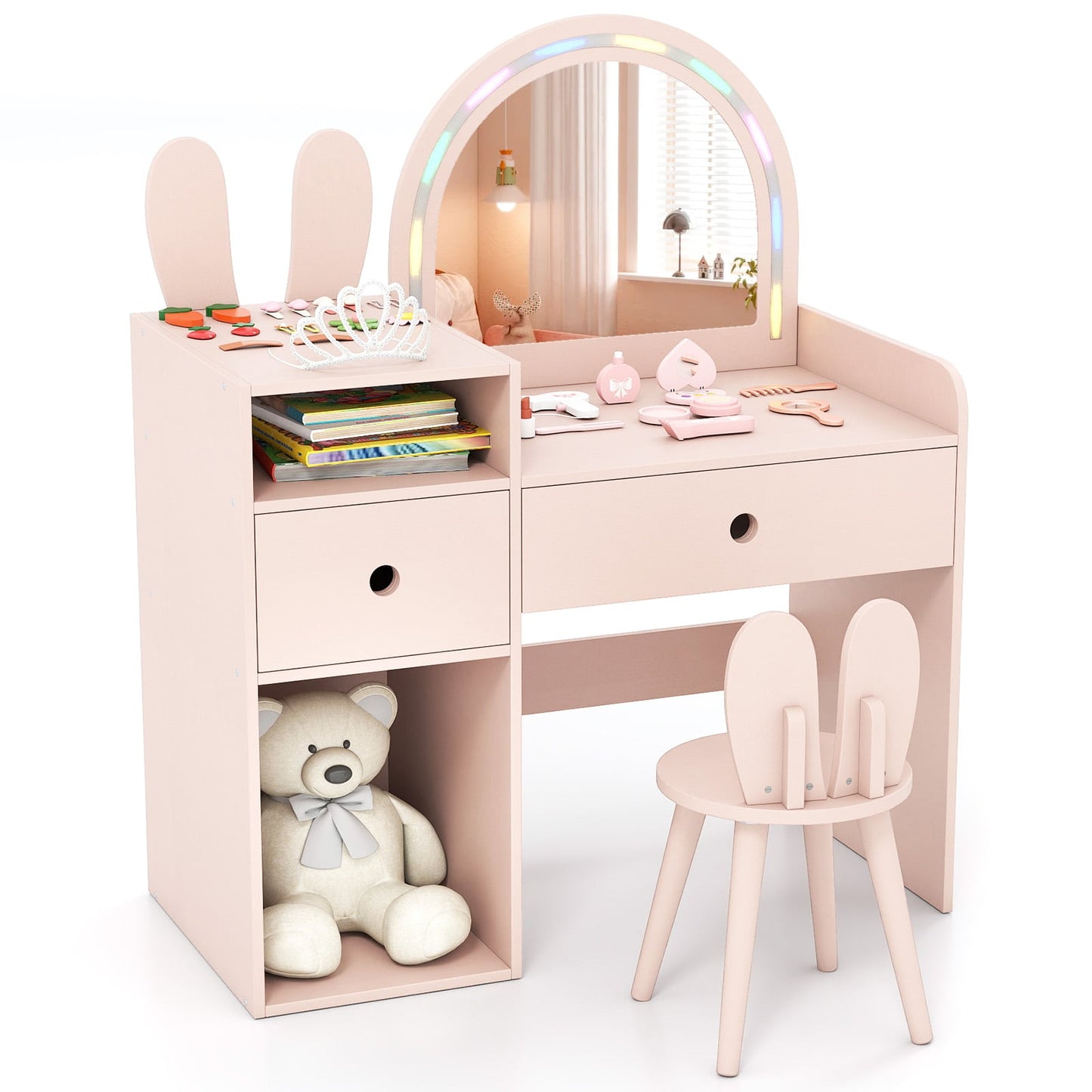 Bunny Kids Vanity Table and Chair Set with Lighted Mirror-Pink