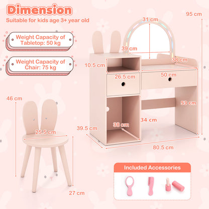 Bunny Kids Vanity Table and Chair Set with Lighted Mirror-Pink