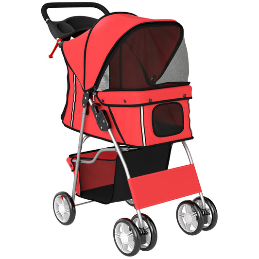 PawHut Dog Pram, Pet Stroller with Reflective Strips, Foldable Cat Stroller with 360Â° Swivel Wheels, Red