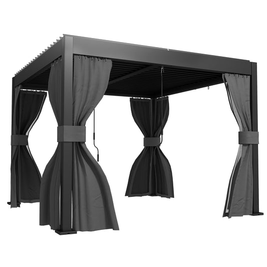 Outsunny 3 x 3 m Louvered Pergola with Adjustable Metal Louvred Roof, Aluminium Patio Gazebo with Netting and Curtains, Dark Grey