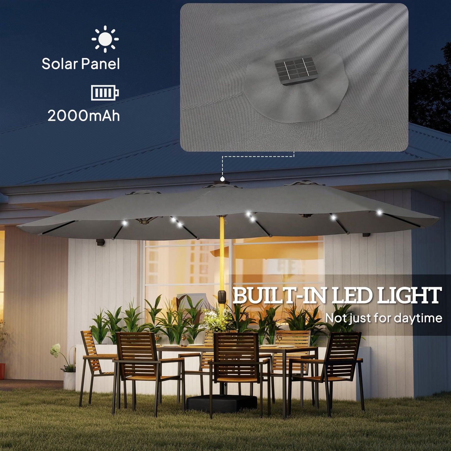 Outsunny Double Sided Garden Parasol with Base Included & 48 Solar LED Lights Patio Umbrella Crank Handle 4.6m Light Grey