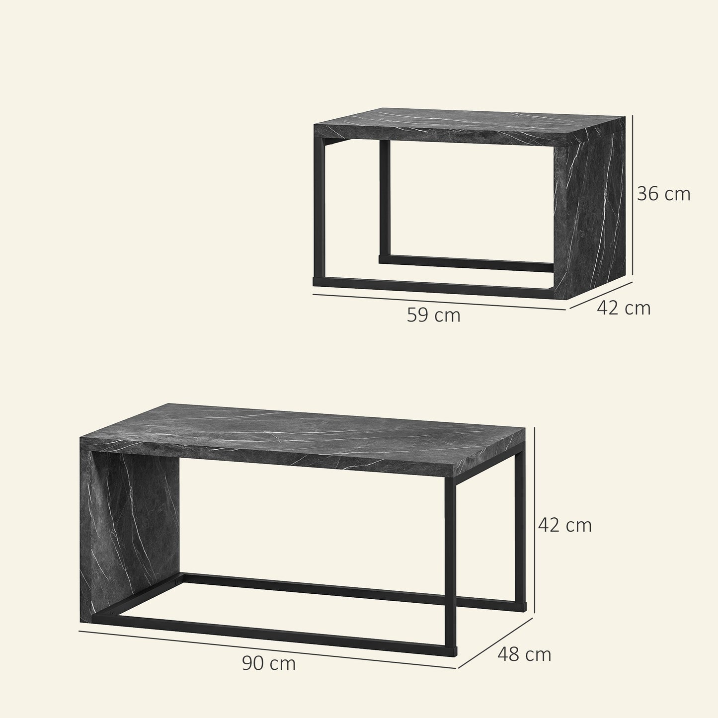 HOMCOM Coffee Tables Set of 2, Industrial Nest of Tables with Metal Frame for Living Room Bedroom, Dark Grey Marble Effect