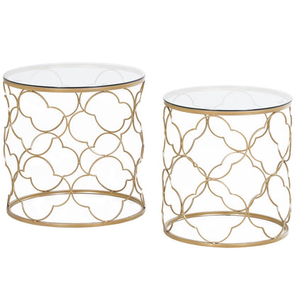 HOMCOM Nesting Tables Set of 2, Modern Stacking Side End Table with Tempered Glass Top, Metal Frame for Living Room Bedroom Office, Gold Tone