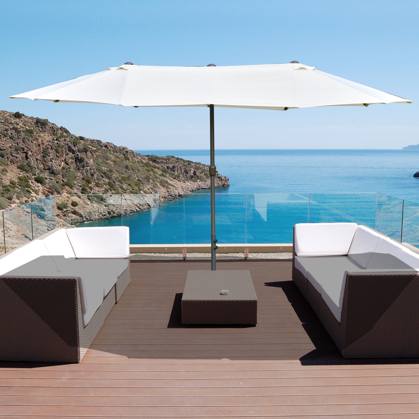 Outsunny 4.6M Sun Umbrella Canopy Double-sided Crank Sun Shade w/ Cross Base Off White