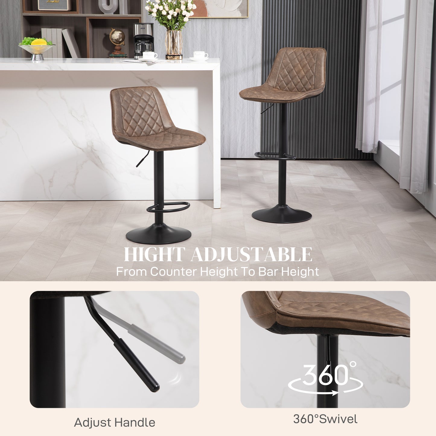 HOMCOM Bar Stools Set of 2, Retro Adjustable Kitchen Stool, Swivel PU Leather Upholstered Bar Chairs with Back, Footrest and Steel Base, Brown