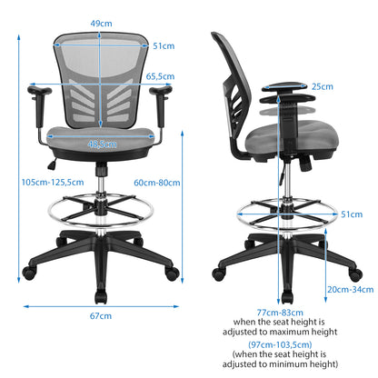 Mesh Drafting Chair with Adjustable Footrest-Grey