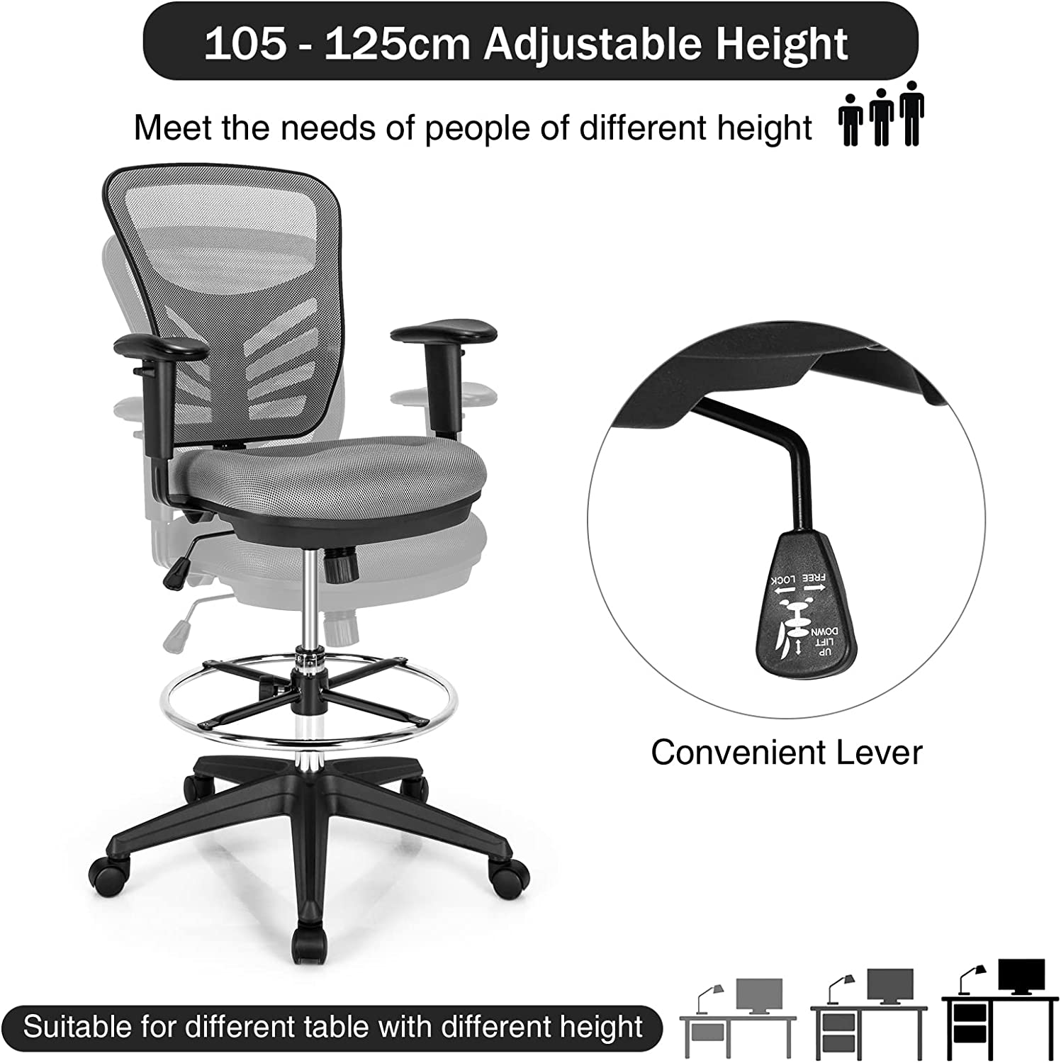 Mesh Drafting Chair with Adjustable Footrest-Grey