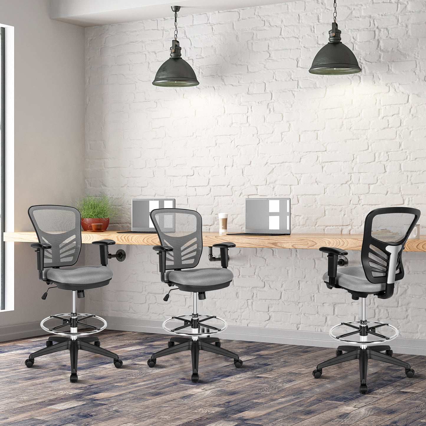 Mesh Drafting Chair with Adjustable Footrest-Grey