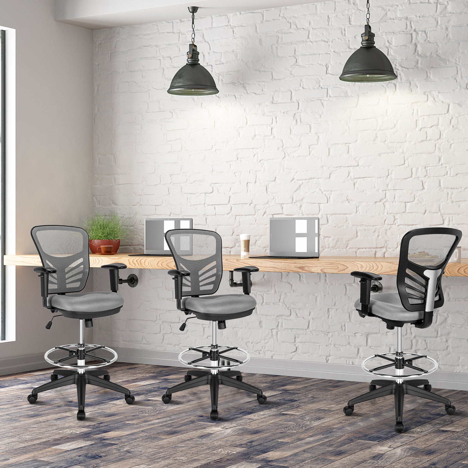 Mesh Drafting Chair with Adjustable Footrest-Grey