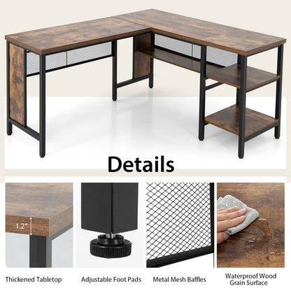 150 x 140 x 75cm Large Corner L-Shaped Computer Desk with 3 Storage Shelves-Rustic Brown
