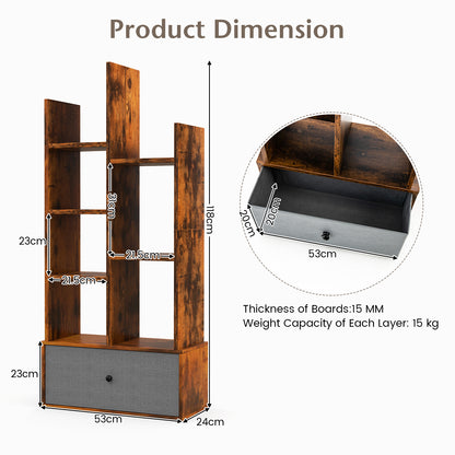 7-Tier Wooden Bookshelf with Folding Drawer for Study Living Room-Rustic Brown