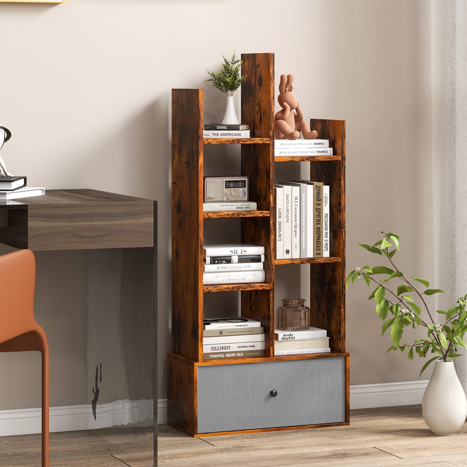 7-Tier Wooden Bookshelf with Folding Drawer for Study Living Room-Rustic Brown