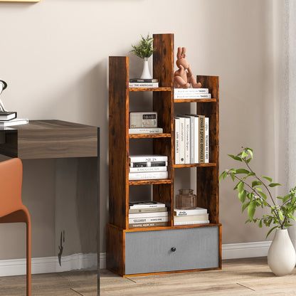 7-Tier Wooden Bookshelf with Folding Drawer for Study Living Room-Rustic Brown