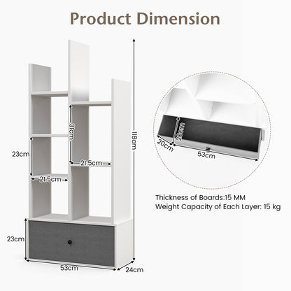 7-Tier Wooden Bookshelf with Folding Drawer for Study Living Room-White
