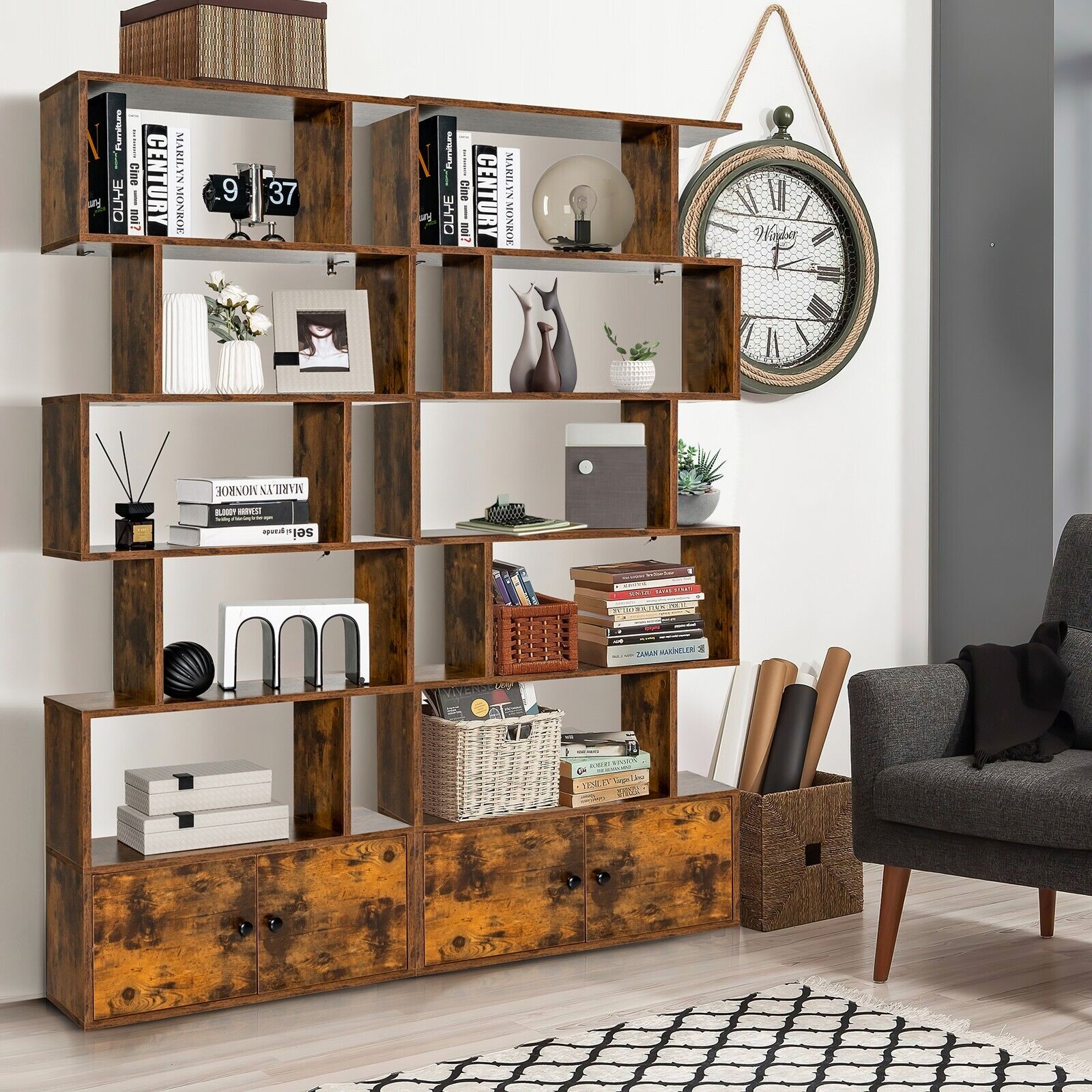 Industrial S-Shaped 5-tier Bookcase with Cabinet-Rustic Brown