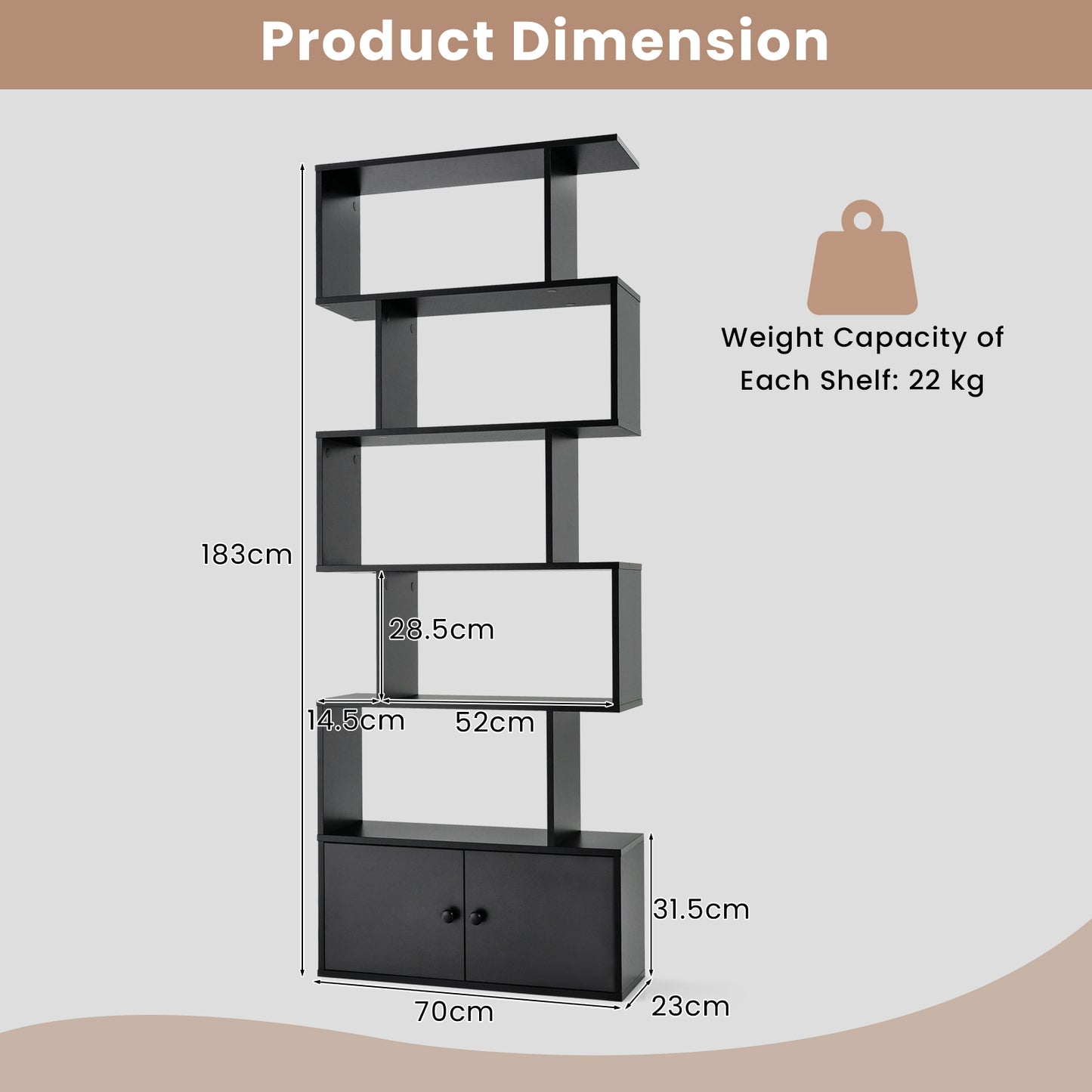 Industrial S-Shaped 5-tier Bookcase with Cabinet-Black