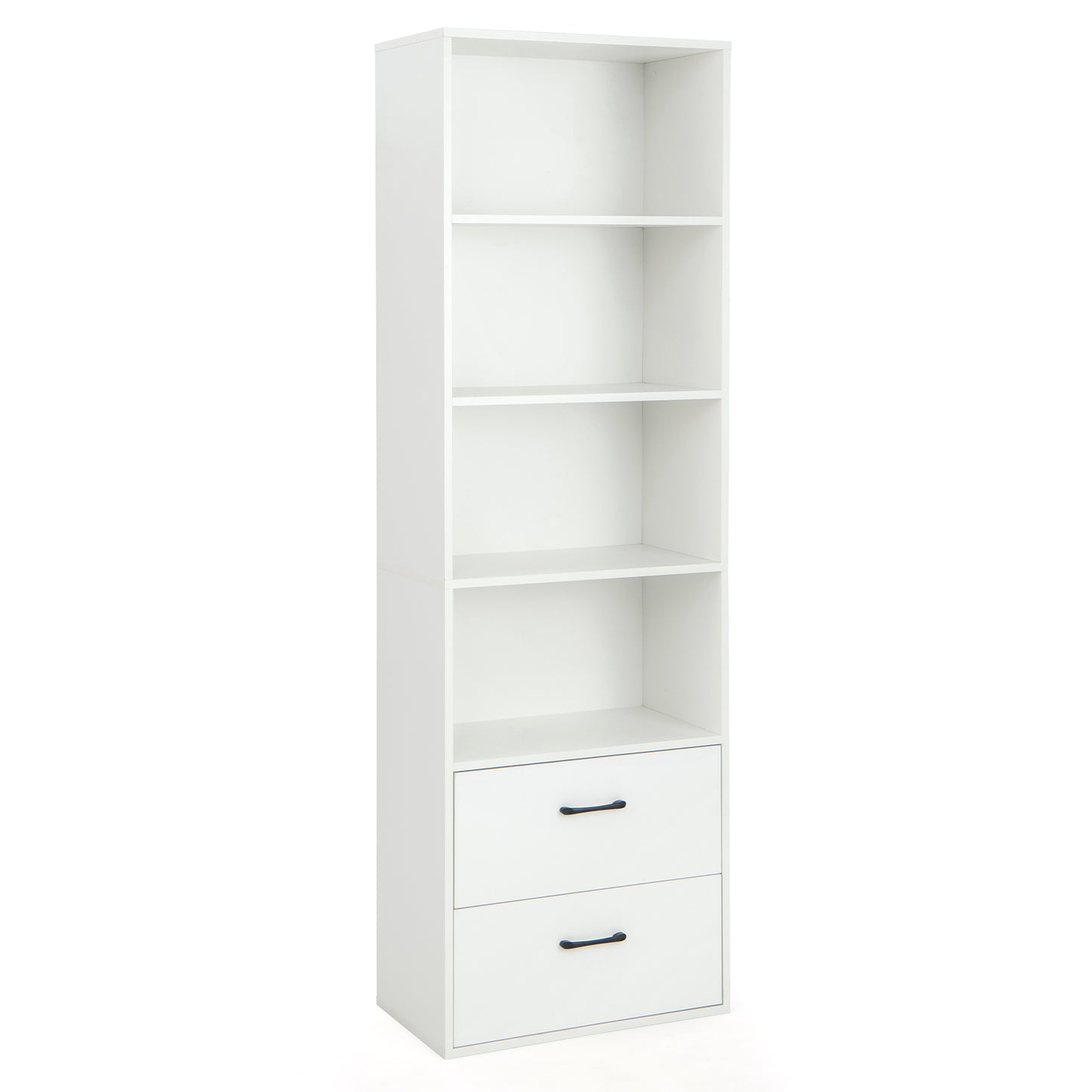 6-Tier Modern Wooden Bookshelf with 4 Open Shelves and 2 Drawers-White