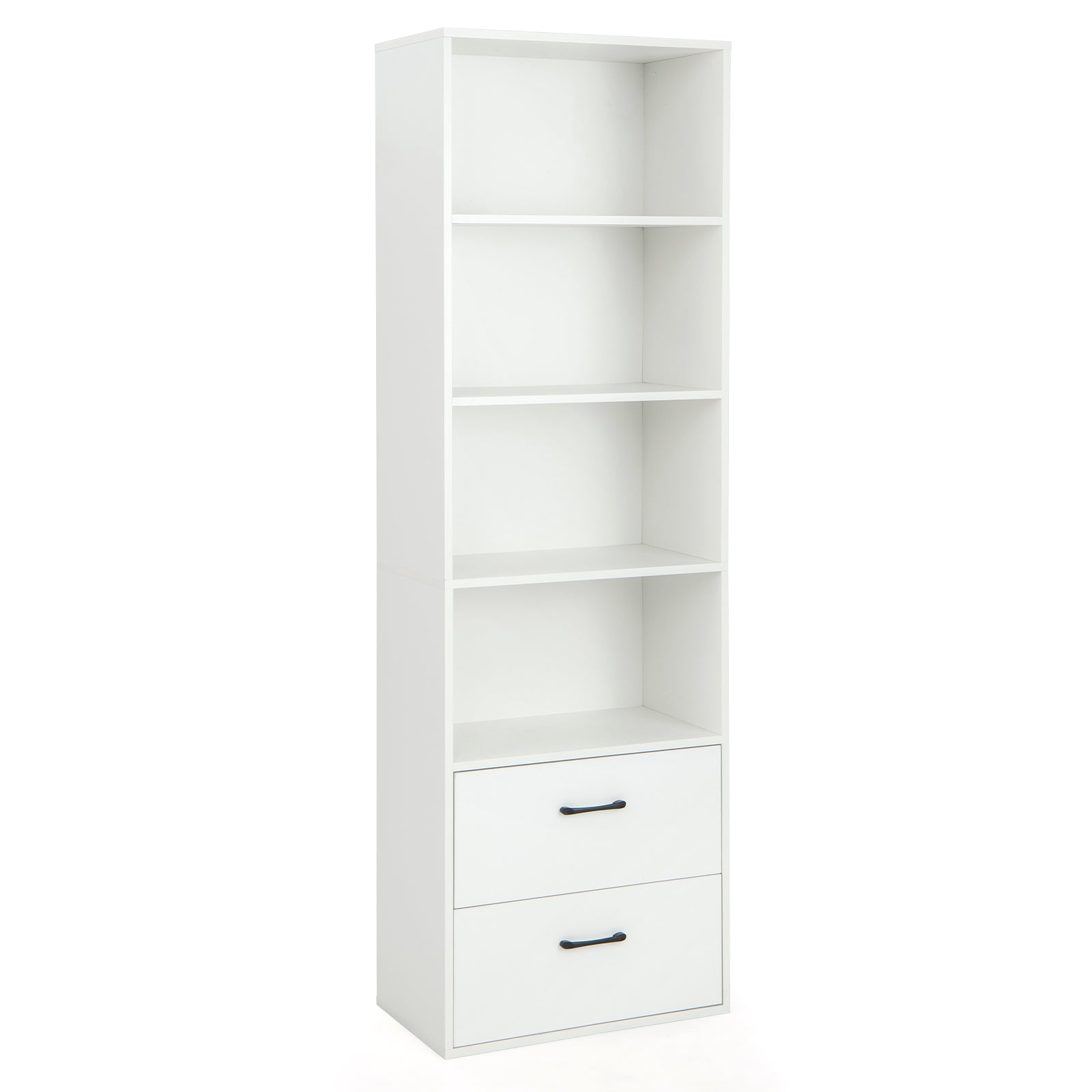 6-Tier Modern Wooden Bookshelf with 4 Open Shelves and 2 Drawers-White