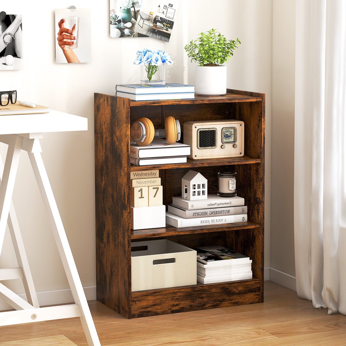 3-Tier Floor Standing Open Bookshelf with Anti-toppling Device-Rustic Brown