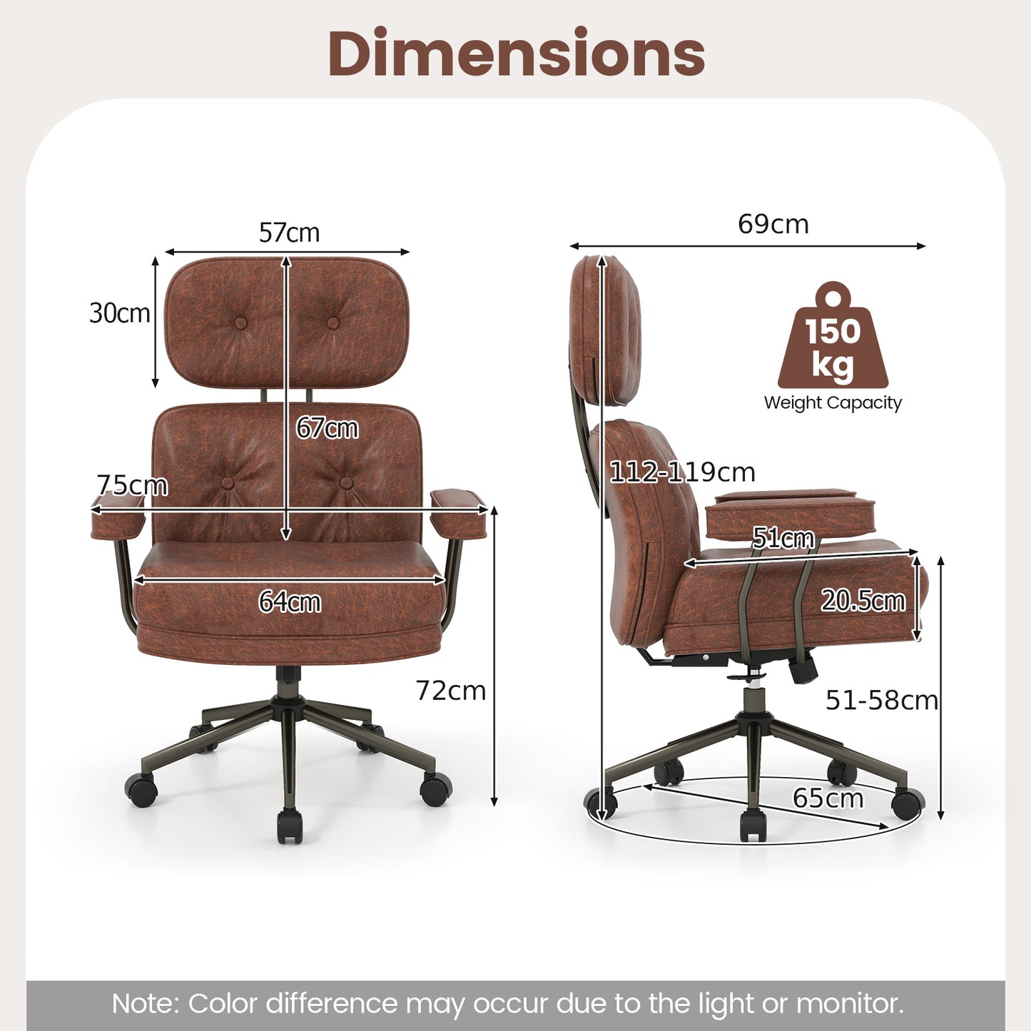 Ergonomic Home Office Chair Suede Fabric Adjustable with Detachable Armrests-Dark Brown