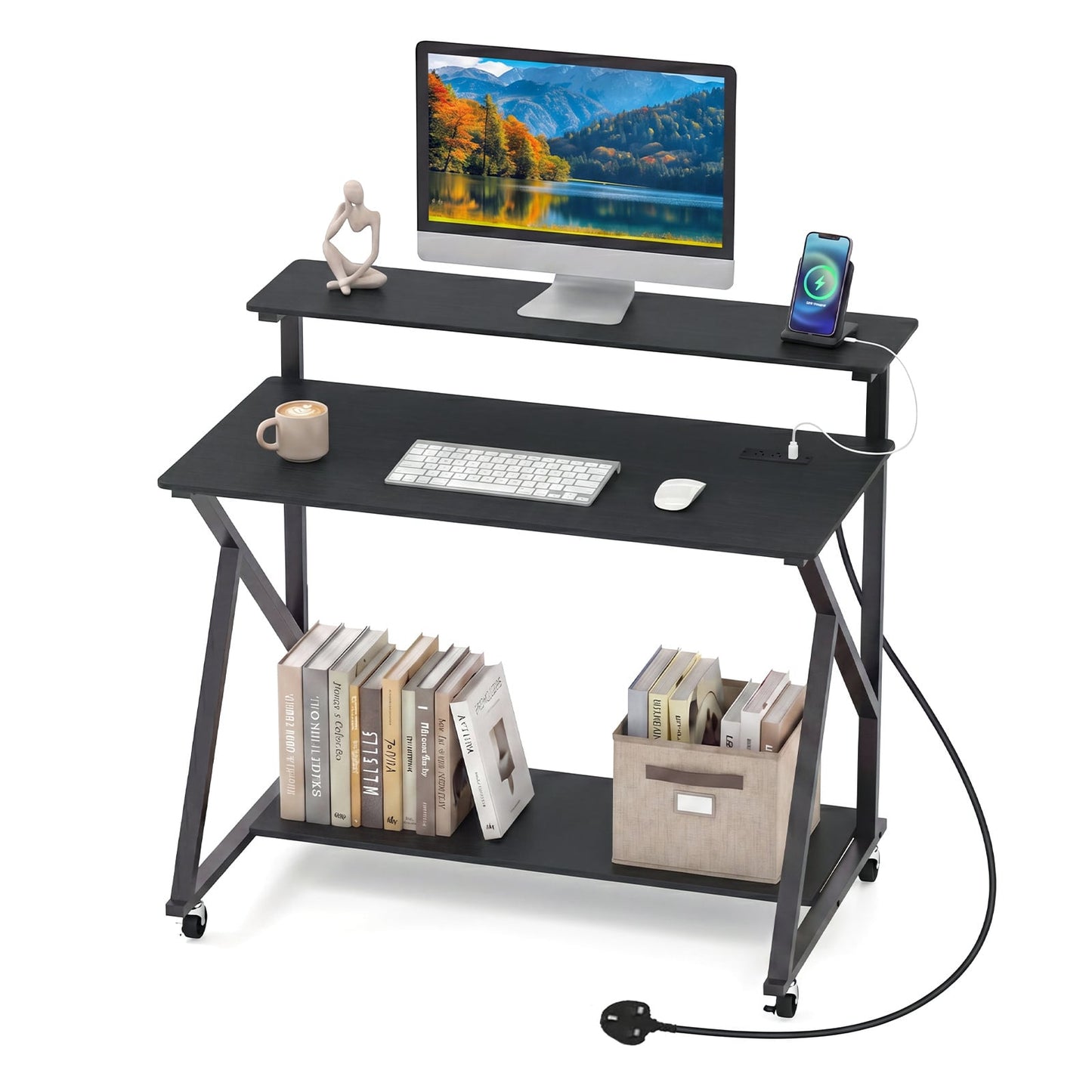 Mobile Computer Desk with Power Outlets Monitor Stand and Storage Shelf-Black