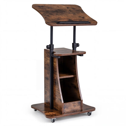 Rolling Podium Stand with Tilting Tabletop and Storage Shelves for Office-Rustic Brown