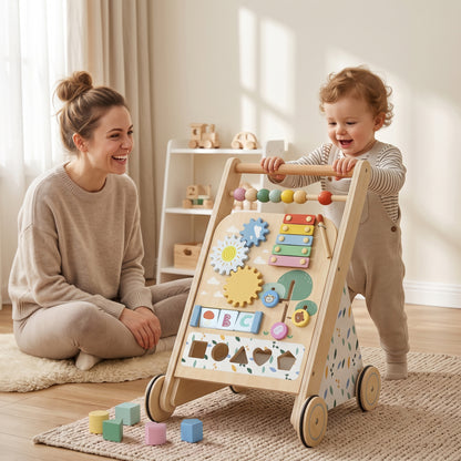 AIYAPLAY Wooden Baby Walker, Toddler Push Along Walker with Speed Control, Activity Centre and 5 Blocks for 18 Months+, Natural