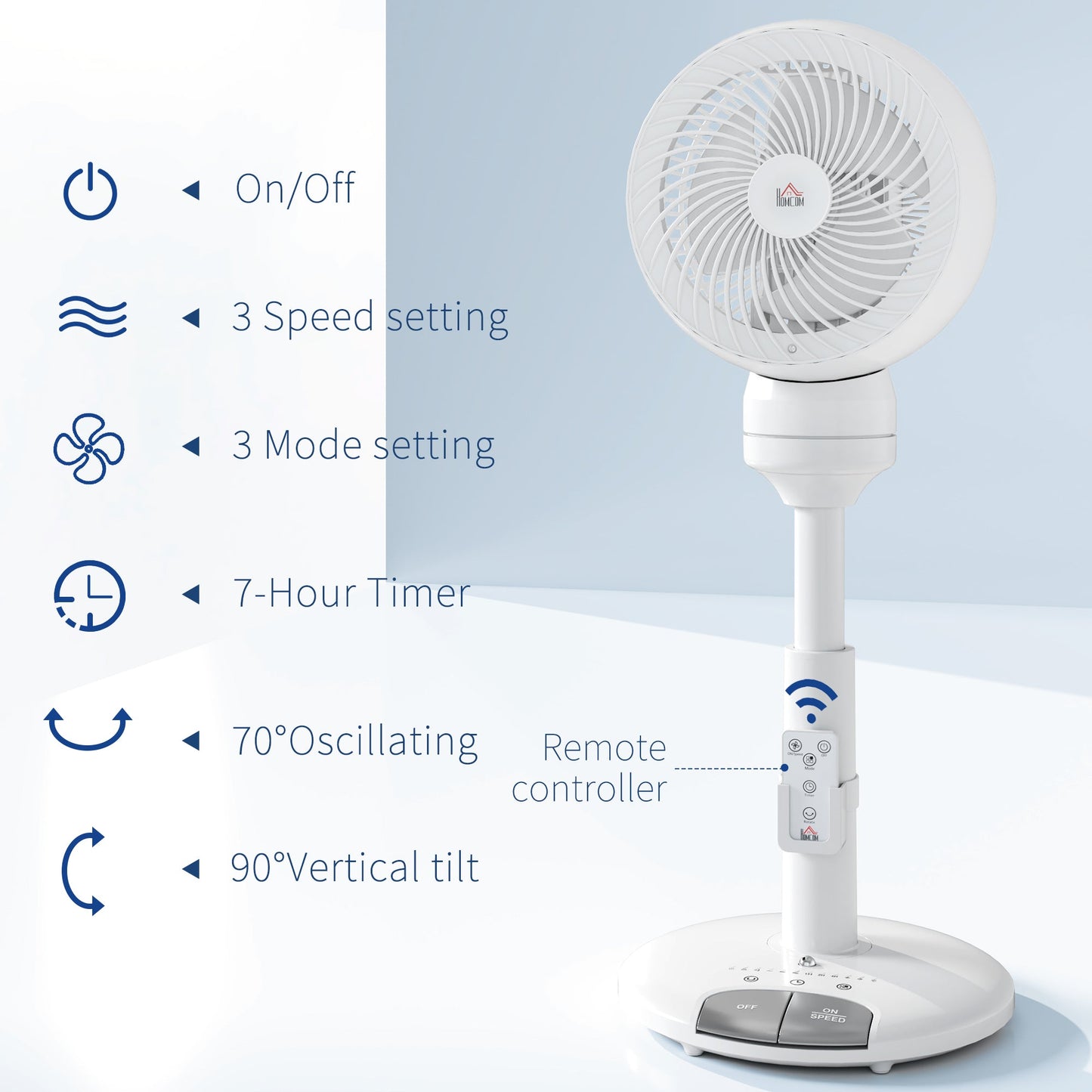 HOMCOM 9'' Air Circulator Fan 3 Speed 3 Mode, 70Â° Oscillation 90Â° Vertical Tilt, Remote Controller, for Living Room, Bedroom, Office, White