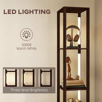 HOMCOM Floor Lamp with Shelves, LED Column Modern Standing Lamp with Fabric Drawer, Adjustable Brightness, Foot Switch for Living Room, Bedroom, Office, Dark Brown