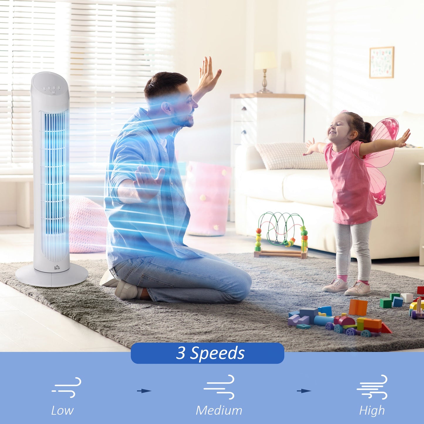 HOMCOM Tower Fan for Bedroom Cooling, 30 Inch Electric 70Â° Oscillating Fan with 3 Speed Settings, Standing Floor Fan for Home Office Indoor, White