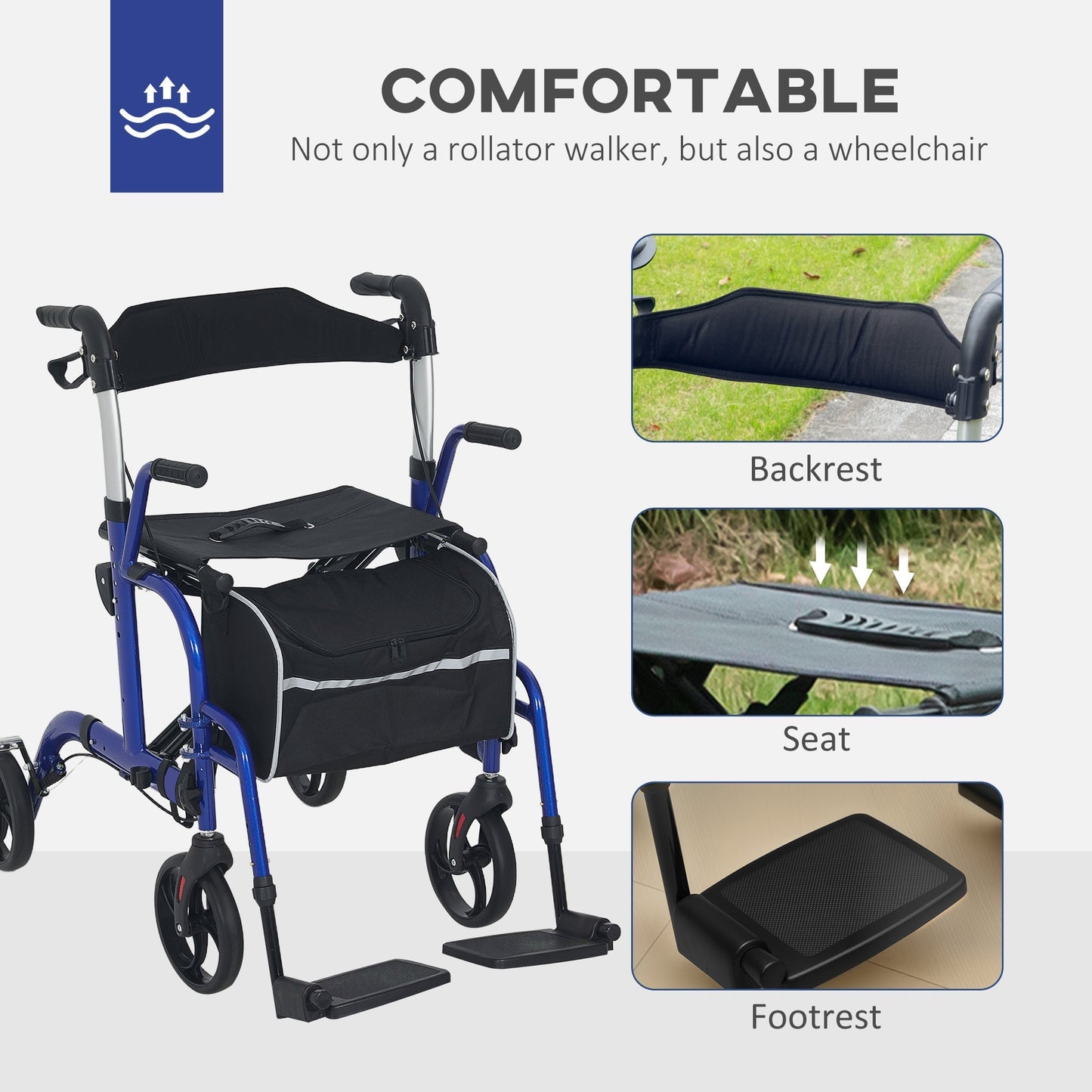 HOMCOM 2 in 1 Wheelchair Transport Chair & Folding Rollator Walker with Seat, Backrest, Footrest, Lightweight Walking Frame with Bag, Adjustable Height, 4 Wheeled Walker for Seniors, Pearl Blue