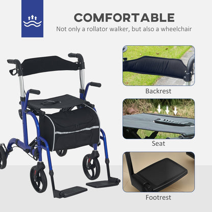 HOMCOM 2 in 1 Wheelchair Transport Chair & Folding Rollator Walker with Seat, Backrest, Footrest, Lightweight Walking Frame with Bag, Adjustable Height, 4 Wheeled Walker for Seniors, Pearl Blue
