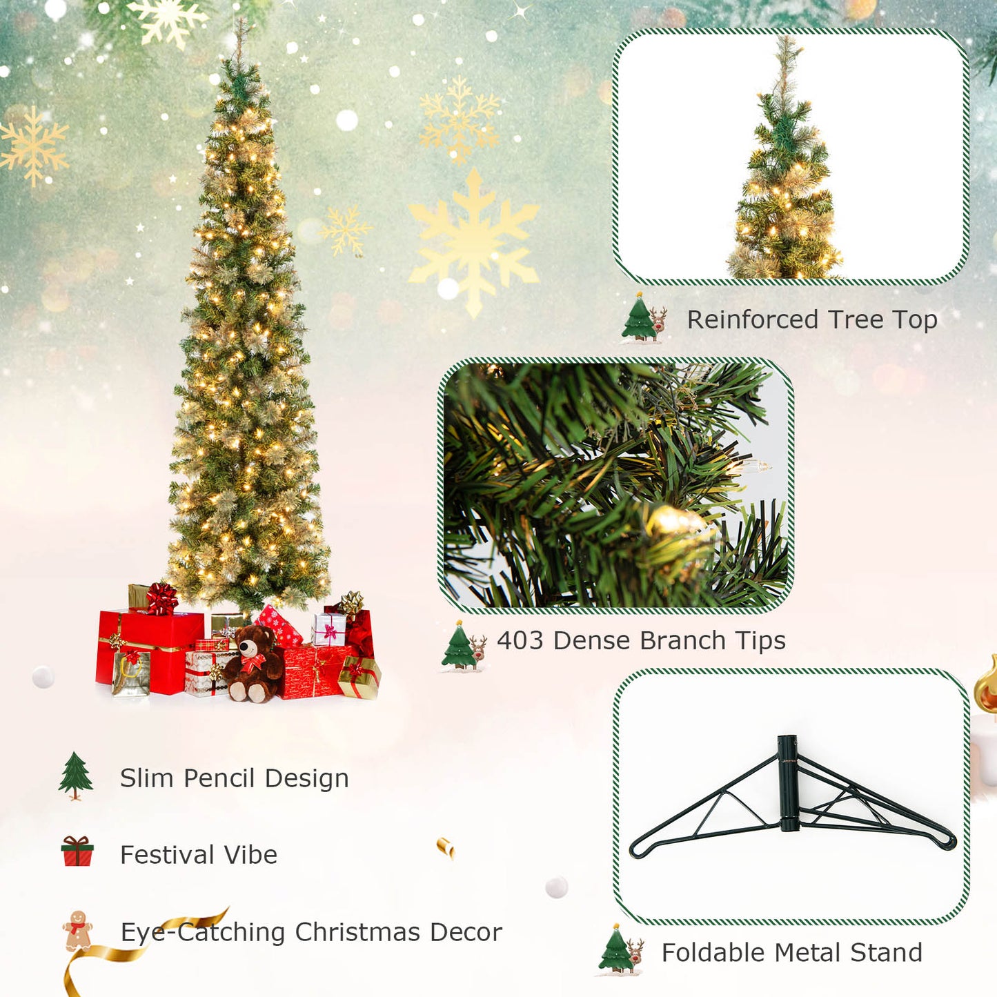 7 FT Pre-Lit Half-Shape Christmas Tree with 403 Branch Tips and 150 LED Lights