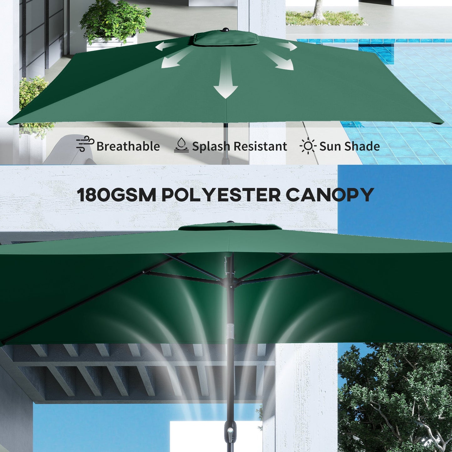 Outsunny Garden Parasol, Parasol Umbrella with Crank Handle, Tilt Function, Polyester Canopy, Green