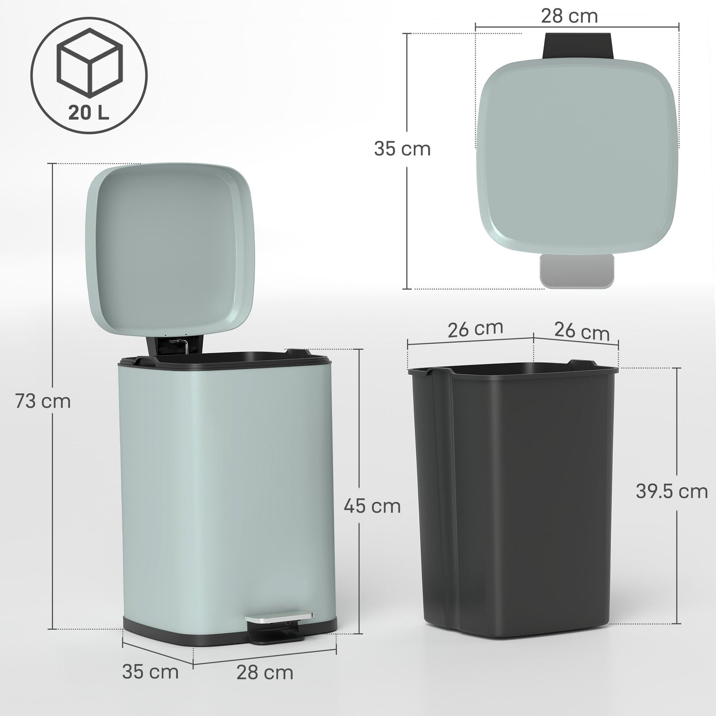 HOMCOM 20L Modern Boxy Metal Home Kitchen Bin - Light Green