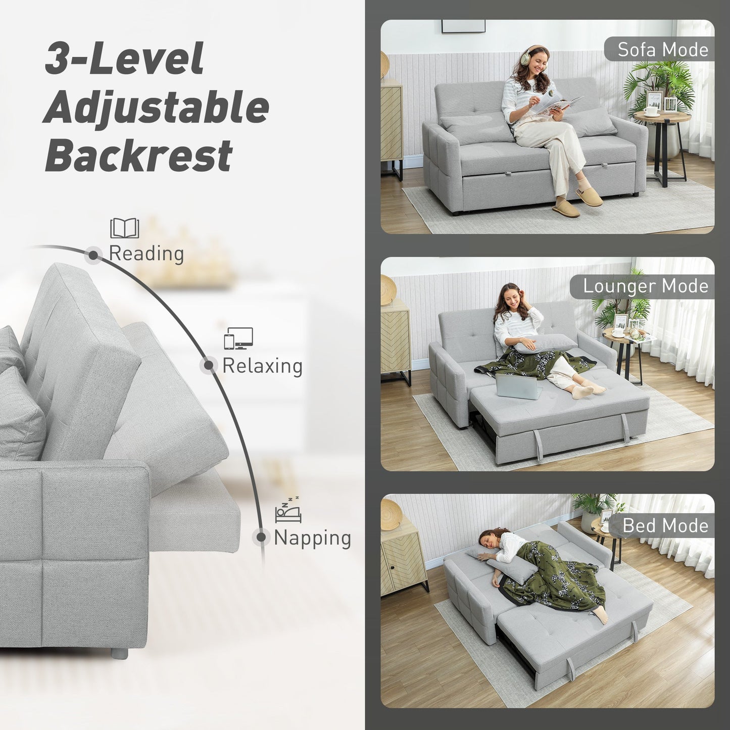 HOMCOM Three-Way Two-Seater Sofa Bed - Light Grey