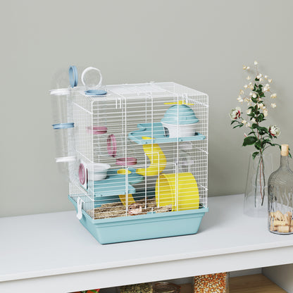 PawHut 3-Level Hamster Cage with Exercise Wheel, Water Bottle, Food Bowl, for Dwarf Hamsters, 34.5 x 27.5 x 41 cm, Blue